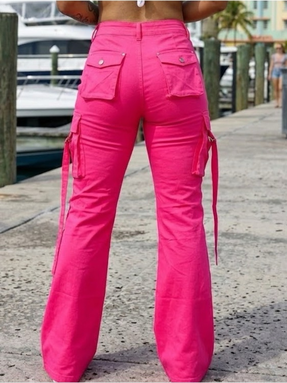 High-Rise Hot Pink Cargo Flare Pants with Side Straps - Picture 2 of 2
